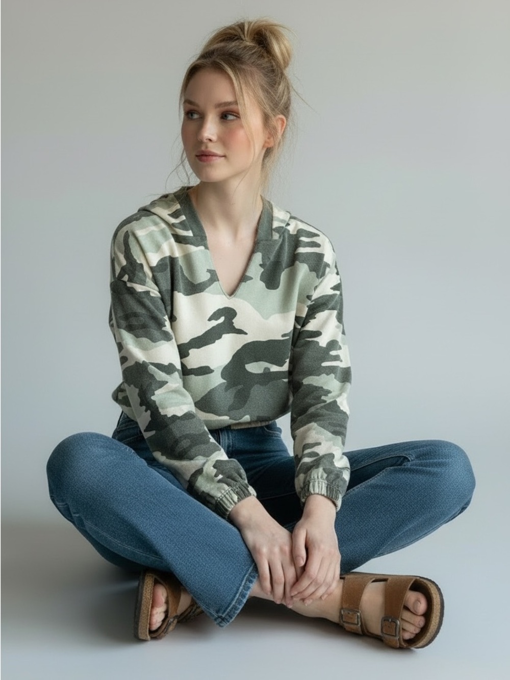 wild fable Olive & Cream Camo V-Neck Cropped Hoodie